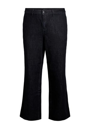 Pantaloni in denim nero con un design dritto e svasato. Presentano una chiusura con bottone anteriore, passanti per la cintura e dettagli di cucitura discreti. Nessuna tasca visibile.