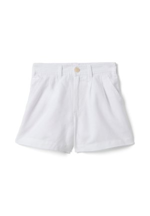Witte shorts met hoge taille, gulp, plooien, zijzakken en een enkele beige knoopsluiting aan de voorkant in het midden van de tailleband.