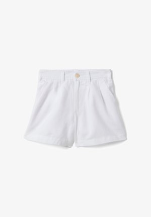 Witte shorts met hoge taille, gulp, plooien, zijzakken en een enkele beige knoopsluiting aan de voorkant in het midden van de tailleband.