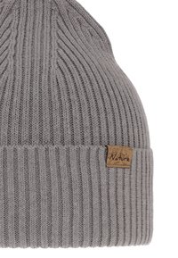 Gray knitted beanie with ribbed texture, featuring a fold-over cuff and a small rectangular tan label with "Nature" embossed.