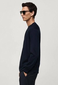 Marinfärgad långärmad tröja med rund halsringning och ribbade ärmmuddar. Slät textur, skräddarsydd passform, bärs med svarta solglasögon, visad i profil.