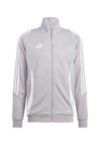 Graue sportliche Zip-Jacke aus glattem Material, mit weißen Akzenten und drei weißen Streifen an jedem Ärmel. Mit Stehkragen.