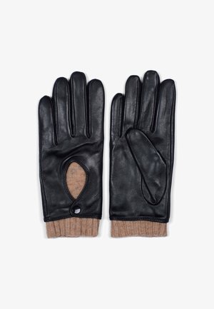 Black leather gloves with a tan knitted cuff, featuring an open thumb and a round cutout on the palm, showcasing the inner fabric.