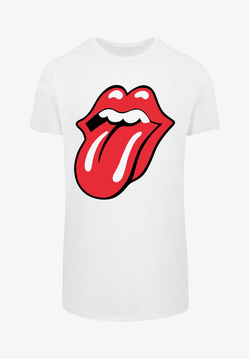 Weißes Baumwoll-T-Shirt mit einem großen, stilisierten roten Lippen- und Zungenmotiv mit schwarzen Umrissen, zentriert auf der Vorderseite.