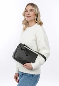 Sort læderhåndtaske med en struktureret overflade, lynlåslukning og en aftagelig rem, som holdes af en model iført en hvid sweater.