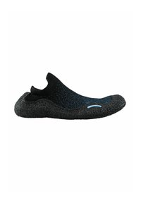Black and blue slip-on shoe with a textured, rubber-like sole and sock-like upper. Features a smooth blue accent on the side.