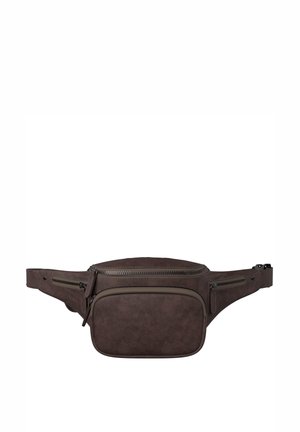 Dark brown leather waist bag with three zippered compartments and adjustable strap with buckle closure.