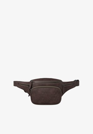 Dunkelbraune Leder-Gürteltasche mit drei Reißverschlussfächern und verstellbarem Riemen mit Schnallenverschluss.