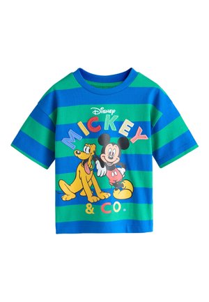 Gyermek rövid ujjú kék-zöld csíkos ing Mickey egérrel és Plútóval, színes "Mickey & Co." szöveggel az elején.