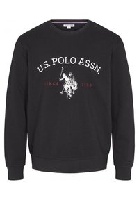 Sudadera negra de algodón, con un gráfico blanco de un jugador de polo y "U.S. POLO ASSN." impreso en blanco y rojo.