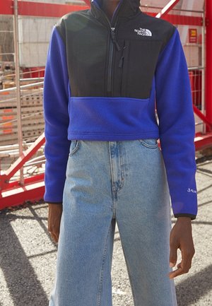 Person wearing a blue and black North Face fleece with a front zipper and high-waisted light blue jeans, standing outdoors near a red structure.