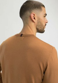Pull en tricot marron avec une texture côtelée, présentant une petite bande décorative au niveau de l'encolure arrière. Coupe décontractée avec un décolleté arrondi.
