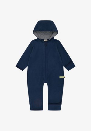 Navyblauwe fleece one-piece met een capuchon, een rits aan de voorkant en gestreepte binnenvoering. Heeft lange mouwen en boorden bij de enkels.