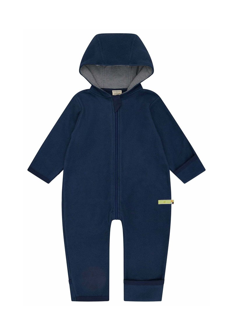 Marineblauer Fleece-Einteiler mit Kapuze, Frontreißverschluss und gestreiftem Innenfutter. Verfügt über lange Ärmel und Bündchen an den Knöcheln.