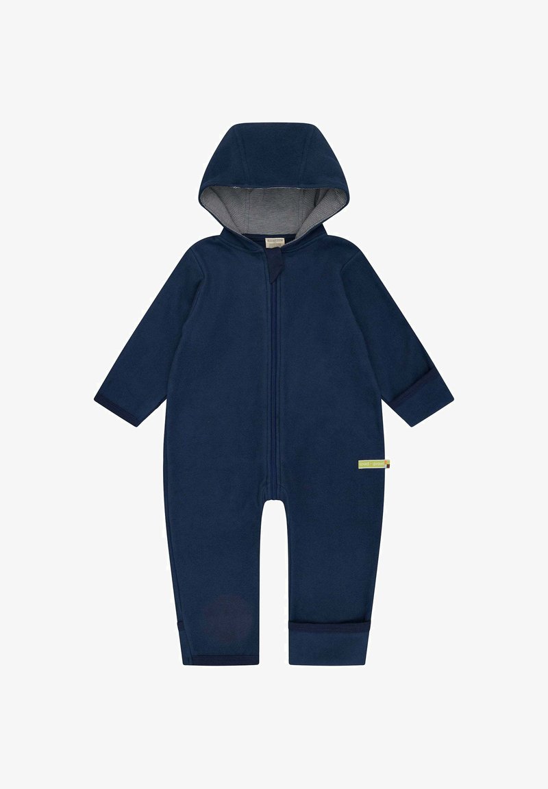 Navyblauwe fleece one-piece met een capuchon, een rits aan de voorkant en gestreepte binnenvoering. Heeft lange mouwen en boorden bij de enkels.