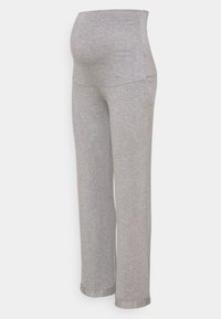 Γκρι παντελόνι εγκυμοσύνης με ελαστική ζώνη στη μέση, κωνικές γραμμές και απαλό ύφασμα, ιδανικό για άνεση και ευκολία κίνησης.