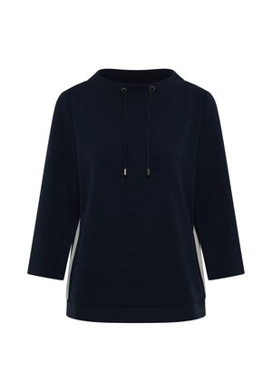 Donkerblauwe sweatshirt met een hoge kraag, trekkoord en driekwartmouwen. Heeft contrasterende zijpanelen en een zachte textuur.