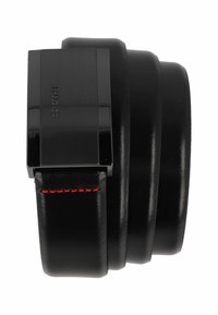 Black leather watch with a wide band, featuring a glossy black metal clasp. Red stitching accents the strap, enhancing its design.