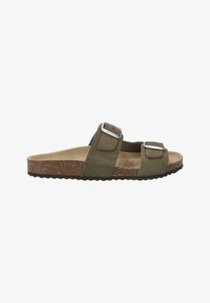 Green suede slide sandal with two adjustable straps, silver buckles, cork footbed, and textured black rubber outsole.