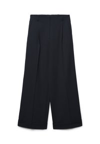 Weit geschnittene Hosen aus einem einfarbigen schwarzen Stoff, mit einer hohen Taille, zwei frontalen Taschen und klaren, maßgeschneiderten Nähten an den Säumen.
