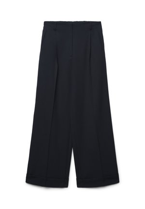 Weit geschnittene Hosen aus einem einfarbigen schwarzen Stoff, mit einer hohen Taille, zwei frontalen Taschen und klaren, maßgeschneiderten Nähten an den Säumen.