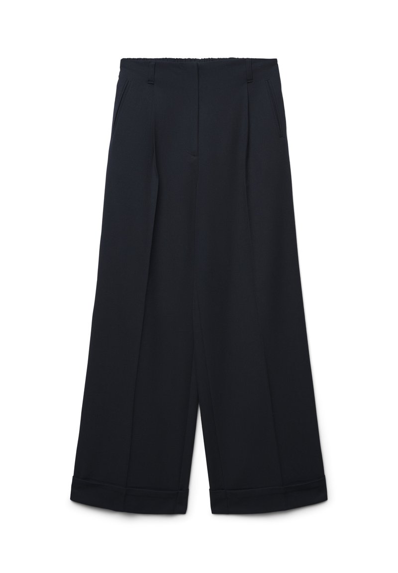 Weit geschnittene Hosen aus einem einfarbigen schwarzen Stoff, mit einer hohen Taille, zwei frontalen Taschen und klaren, maßgeschneiderten Nähten an den Säumen.