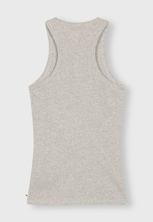 Débardeur gris à côtes avec un col rond et de larges emmanchures, présentant un design ajusté et une texture douce. Aucuns logos ni motifs visibles.