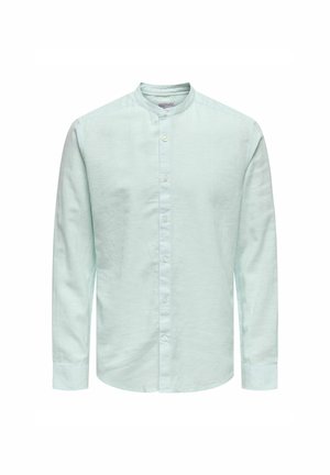 Camicia a manica lunga verde mint chiaro con colletto alla mandarino, chiusura frontale con bottoni e tessuto testurizzato. Presenta polsini e una vestibilità rilassata.