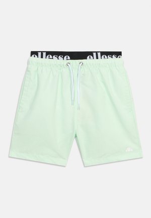 Pantaloncini verde chiaro con coulisse, vita elasticizzata e fascia interna nera con logo, tasche laterali e piccolo logo sull'orlo della gamba sinistra.