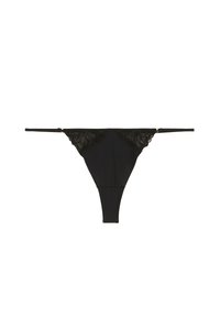 Culotte string noire avec des accents en dentelle à l'avant, tissu lisse, fines bretelles et un design offrant une couverture minimale à l'arrière.