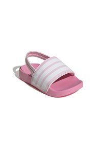 Sandalo scivoloso rosa con una ampia fascia bianca con sottili strisce rosa, una parte superiore testurizzata e una suola liscia per il comfort.