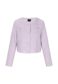 Giacca cropped lilla in tessuto texturizzato, con scollatura tonda, maniche lunghe e due tasche frontali con chiusure a bottone.