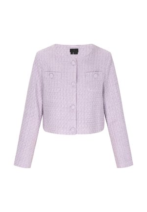 Lila cropped jacket van gestructureerde stof, met een ronde halslijn, lange mouwen en twee voorzakken met knoopsluitingen.