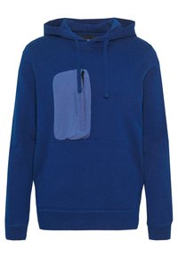 Felpa blu realizzata in tessuto morbido, con tasca sul petto con zip, tasca a marsupio frontale e polsini e orlo a costine.