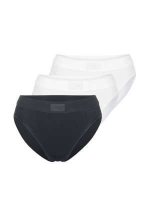 Tre bomuldsunderbukser i sort og hvid, stablet med sort foran, med en mærket taljebåndsetiket.