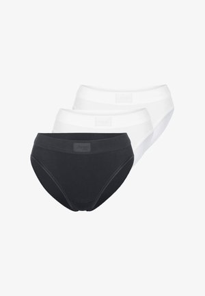 Drei Baumwollslips in Schwarz und Weiß, gestapelt mit Schwarz vorne, mit einem gebrandeten Taillenbundetikett.