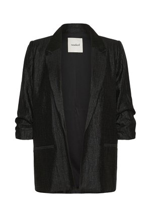 Blazer nero con finitura texturizzata, apertura frontale e maniche a tre quarti. Presenta due tasche frontali e una fodera interna liscia.