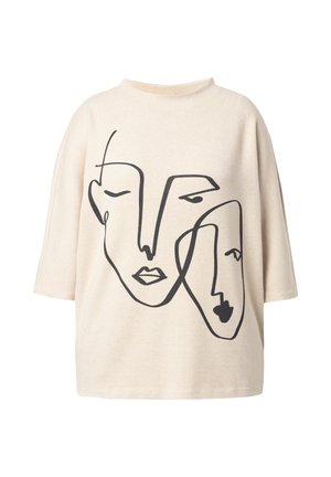 Beige oversized tričko vyrobené z bavlněné směsi, s ilustrací tváře namalovanou černou linií na přední straně. Krátké rukávy a kulatý výstřih.