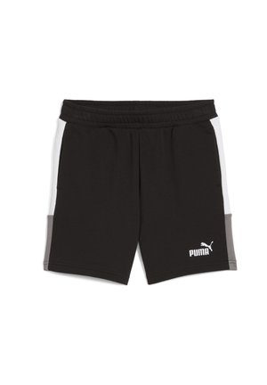 Sorte atletikshorts med elastisk taljebånd, hvide og grå paneler på siderne samt et hvidt Puma-logo på den nederste forside.