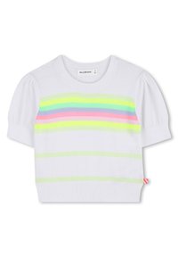 Λευκό παιδικό πουλόβερ με κοντά μανίκια και παστέλ οριζόντιες ρίγες σε κίτρινο, πράσινο, μπλε και ροζ στο ύψος του στήθους και με ριμπ τελείωμα.