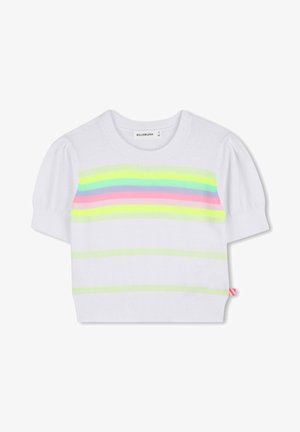 Suéter blanco de niño con mangas cortas y rayas horizontales en colores pastel amarillo, verde, azul y rosa en el pecho, y un dobladillo acanalado.