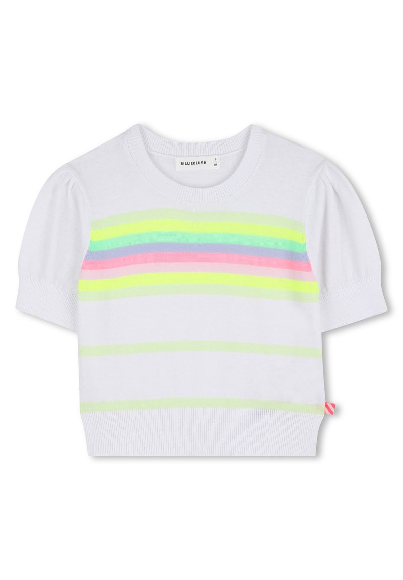Λευκό παιδικό πουλόβερ με κοντά μανίκια και παστέλ οριζόντιες ρίγες σε κίτρινο, πράσινο, μπλε και ροζ στο ύψος του στήθους και με ριμπ τελείωμα.