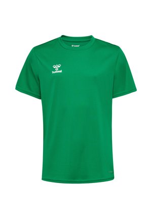 Grøn sportstshirt med korte ærmer, rund hals og hvid hummel-logo på venstre bryst.