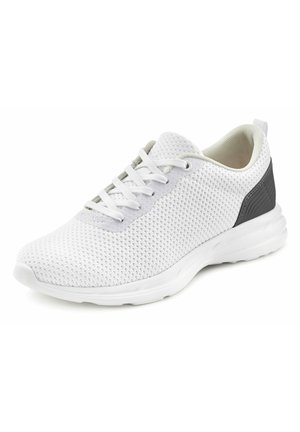 White mesh athletic shoe with a textured upper, gray accents on the heel, and a cushioned sole. Features six eyelets for laces.