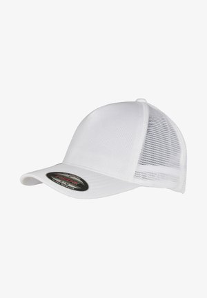 Weißer Baseballcaps mit einem soliden Vorderteil und Netzseiten, ausgestattet mit einem gebogenen Schirm und einem schwarzen Etikett auf der Innenseite.