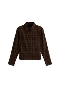 Camicia a quadri marrone con maniche lunghe, chiusura a bottoni frontale, colletto aperto e una singola tasca sul petto, realizzata in un morbido tessuto di cotone.