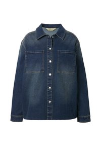 Chaqueta de mezclilla oscura que cuenta con dos bolsillos frontales, cierre de botón y un cuello. Textura suave con un acabado ligeramente desgastado.