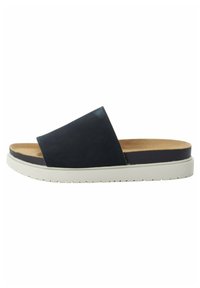 Black suede slide sandal with a wide upper strap, a light beige sole, and textured detailing on the outsole for grip.