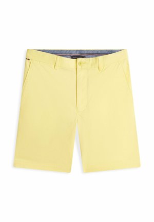 Hellgelbe Herren-Kniebundshorts mit Gürtelschlaufen, vorderer Knopf- und Reißverschluss sowie Seitentaschen, flach ausgelegt auf weißem Hintergrund.