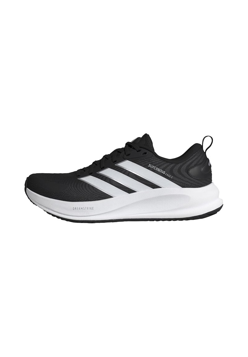 Black running shoes with textured mesh upper, featuring three white stripes, cushioned white midsole, and black rubber outsole.